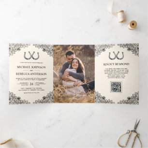 Horseshoes Lace Photo QR Code Cream Ivory Wedding Tri-Fold Invitation