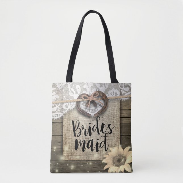 Horseshoes Lace Sunflowers Wood Wedding Bridesmaid Tote Bag (Front)
