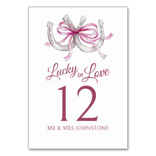 Horseshoes pink ribbon lucky watercolor wedding table number