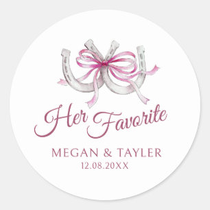 Horseshoes pink ribbon wedding her favourite classic round sticker