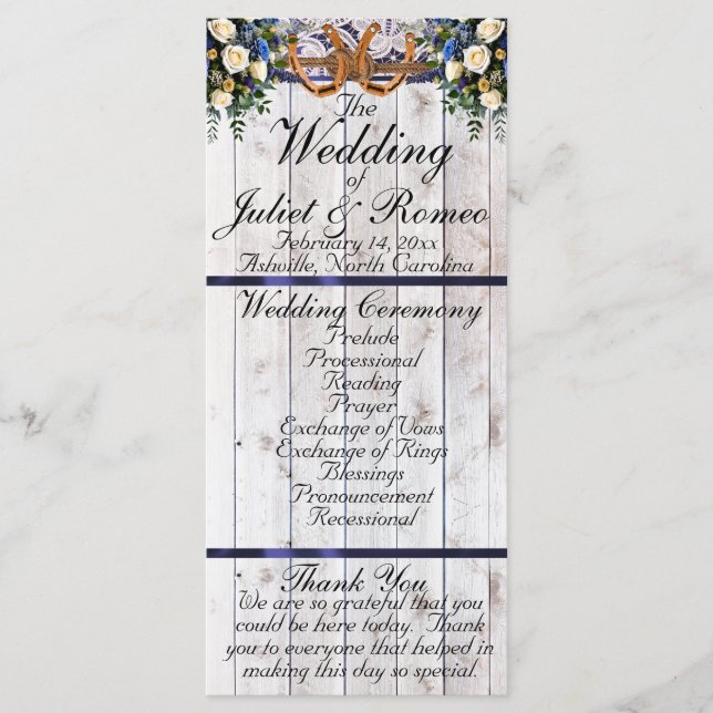 Horseshoes, Ribbon & Lace - Blue Wedding Programme (Front)