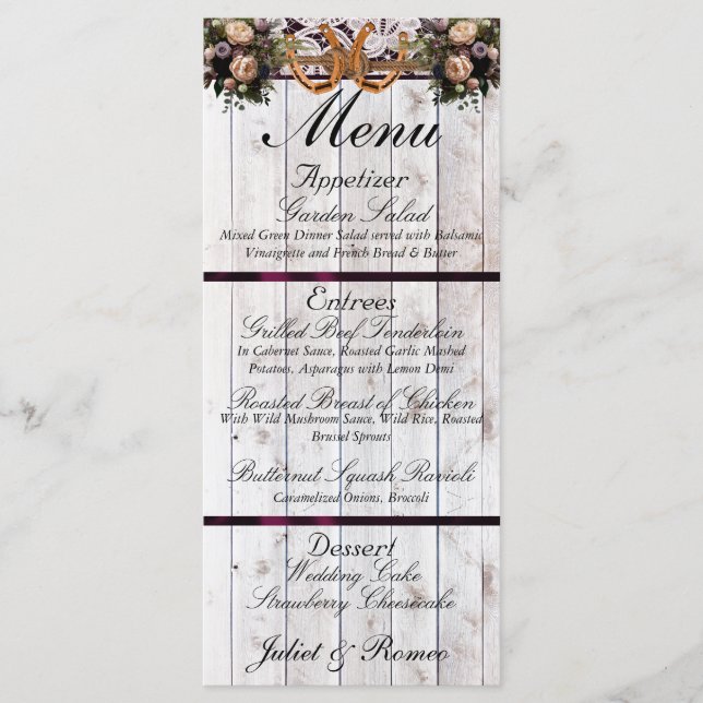 Horseshoes, Ribbon & Lace - Purple Wedding Menu (Front)