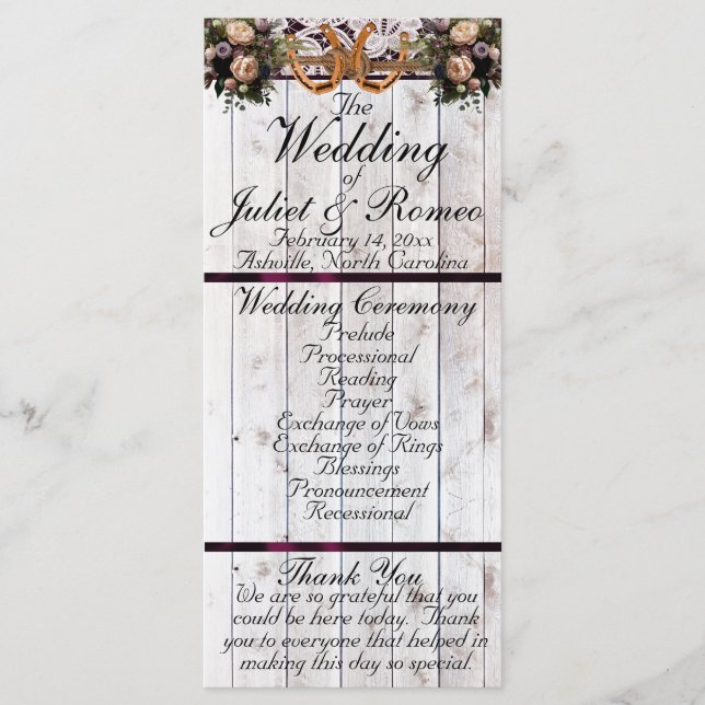 Horseshoes, Ribbon & Lace - Purple Wedding Programme (Front)