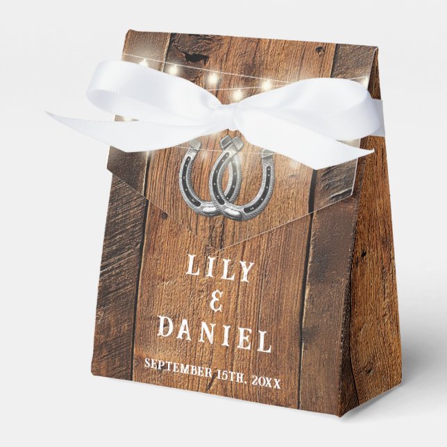 Horseshoes Rustic Wood String Lights Wedding Favour Box (Front Side)