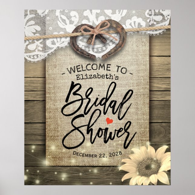 Horseshoes Sunflower Country Bridal Shower Welcome Poster (Front)