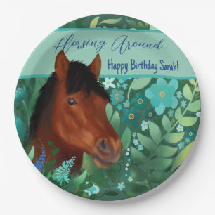 Horsing Around Flower Lover Brown Horse  Paper Plate