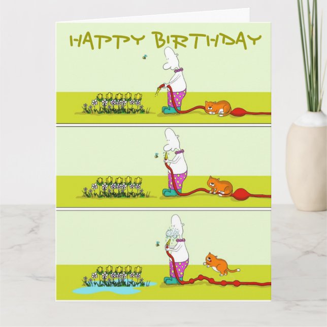 Hose Down, funny gardening fat cat & Duncan card (Front)