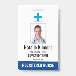 Hospital Employee Photo Name Logo Blue and White ID Badge