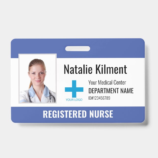 Hospital Employee Photo Name Logo Blue Black White ID Badge (Front)