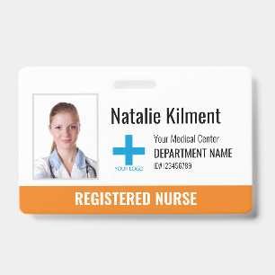 Hospital Employee Photo Name Logo Orange and White ID Badge