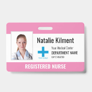 Hospital Employee Photo Name Logo Pink and White ID Badge