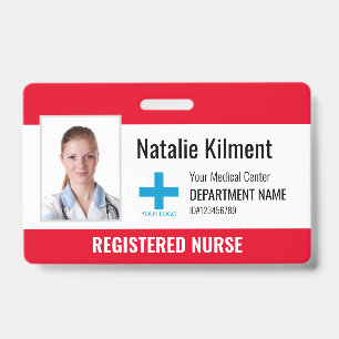 Hospital Employee Photo Name Logo Red and White ID Badge