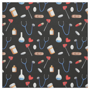 Hospital Equipment Patterned Black Blue and Red Fabric