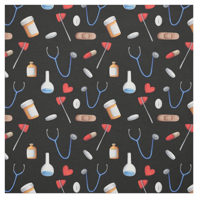 Hospital Equipment Patterned Black Blue and Red Fabric (Swatch)