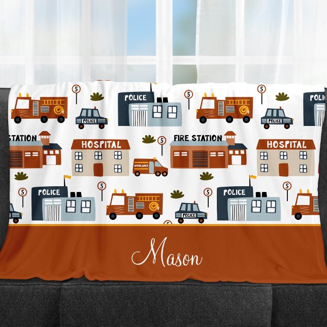 Hospital, Fire, Police City Pattern for Kids Fleece Blanket (Creator Uploaded)