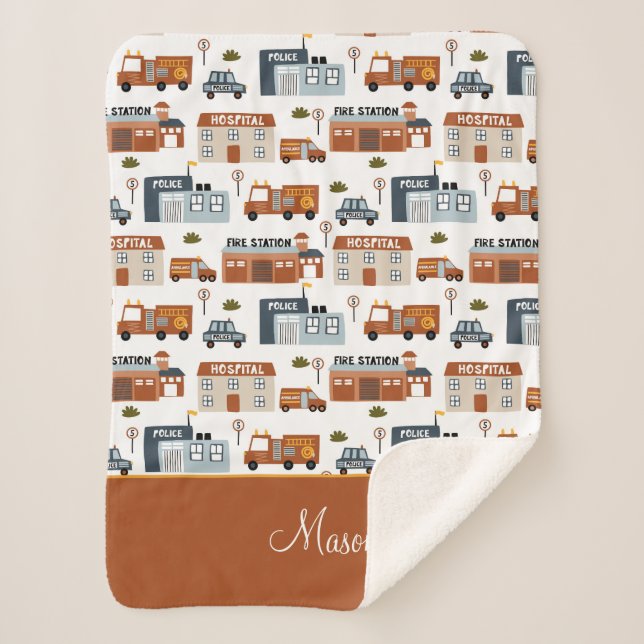 Hospital, Fire, Police City Pattern for Kids Sherpa Blanket (Front)