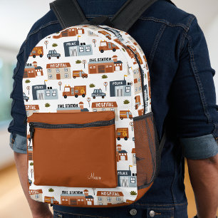 Hospital, Fire, Police City Pattern Kids School Printed Backpack