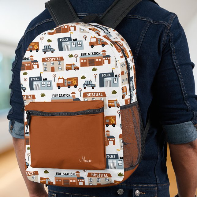 Hospital, Fire, Police City Pattern Kids School Printed Backpack (Creator Uploaded)