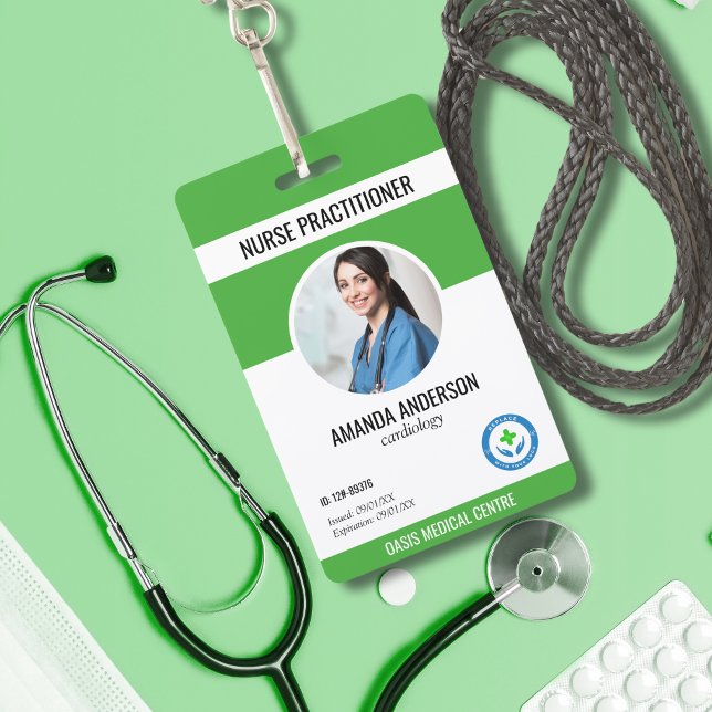 Hospital Medical ID Employee Green Barcode QR code ID Badge (Green Medical ID Badge Photo Barcode QR code)