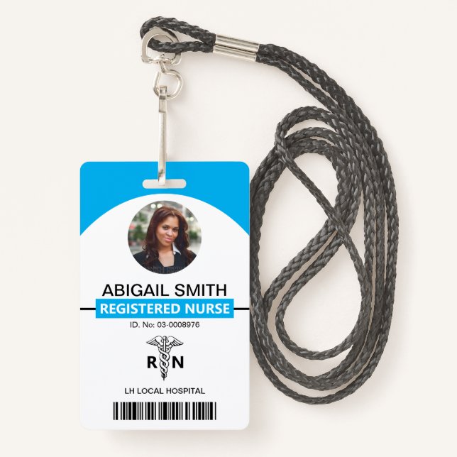 Hospital RN employee caduceus blue photo template ID Badge (Front with Lanyard)