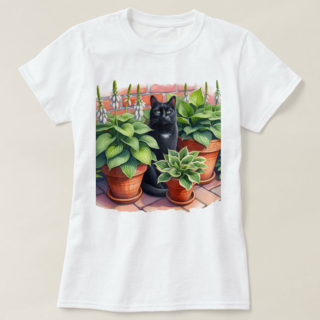 Hosta Garden and Black Cat Watercolor  T-Shirt (Design Front)