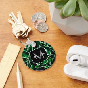 Hosta undulata vibrant green plant leaves Monogram Key Ring
