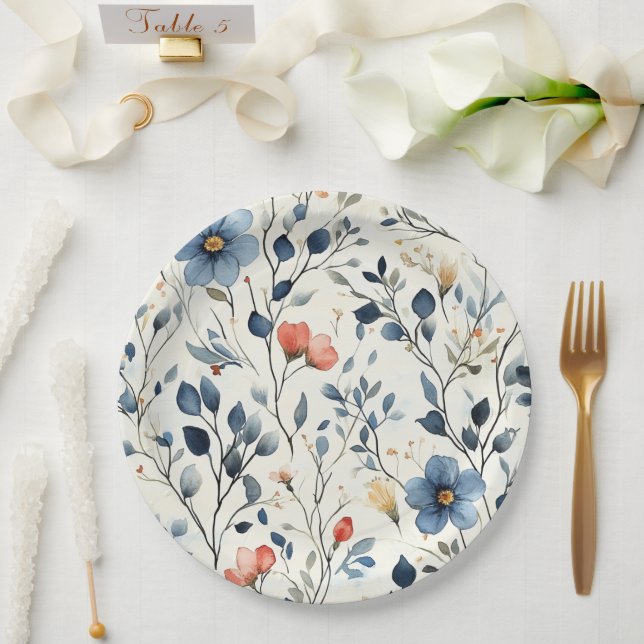 Hostess Garden Party Blue Floral Watercolor  Paper Plate (Wedding)