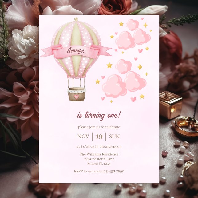 Hot Air Ballon Girl Pink Cloudy 1st Birthday Party Invitation (Creator Uploaded)