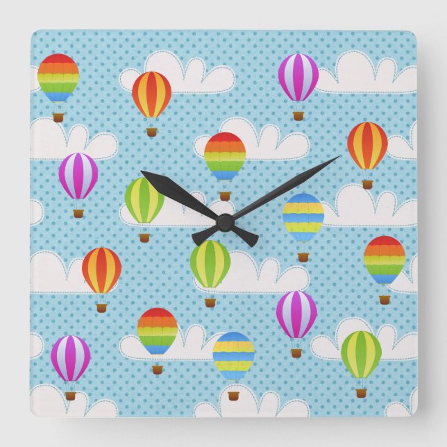 Hot Air Ballons in Cloudy Dotty Sky Square Wall Clock (Front)