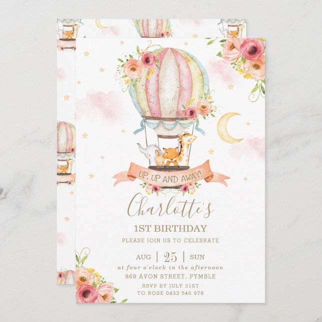 Hot Air Balloon 1st Birthday Jungle Animals Girl Invitation (Front/Back)