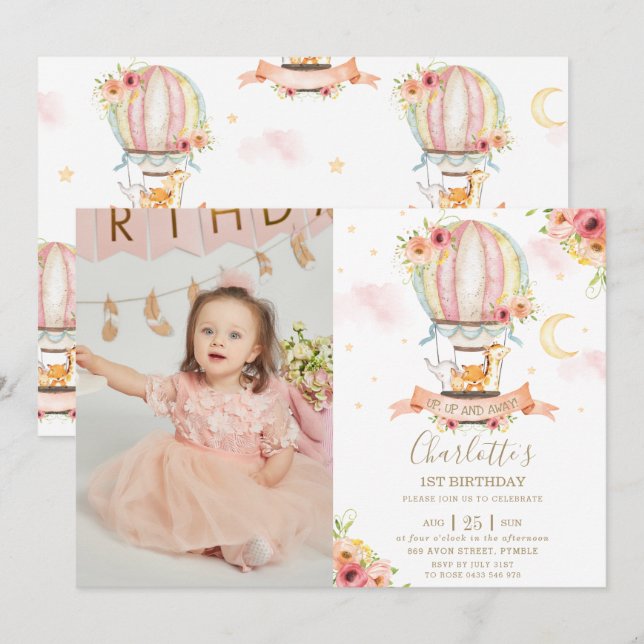 Hot Air Balloon 1st Birthday Jungle Animals Photo Invitation (Front/Back)