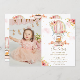 Hot Air Balloon 1st Birthday Jungle Animals Photo Invitation