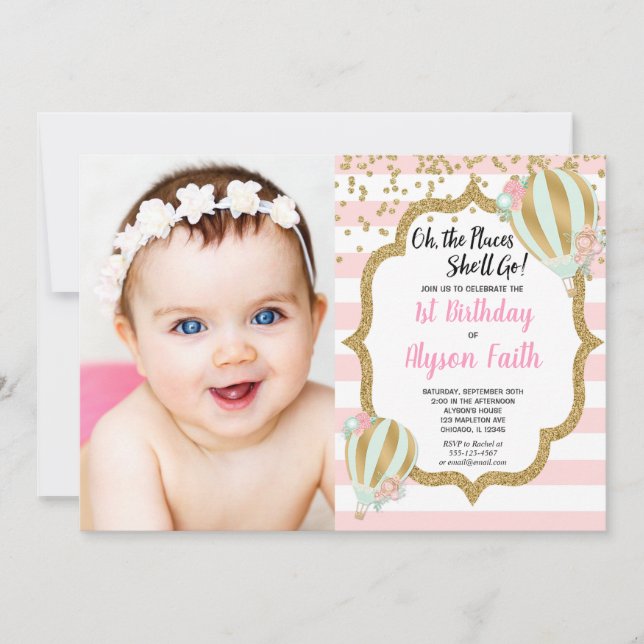 Hot air balloon 1st birthday pink gold photo invitation (Front)