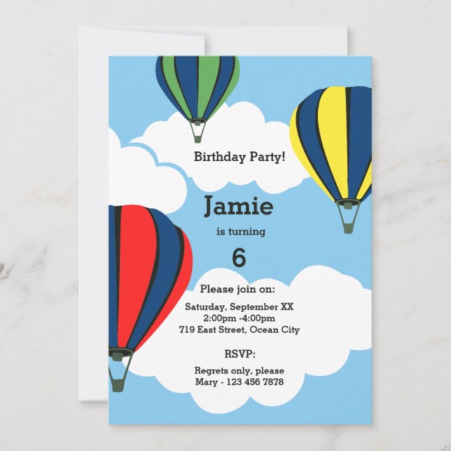 Hot Air Balloon 6th Birthday Party Invitation Card (Front)