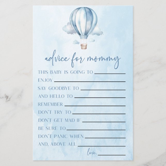 Hot Air Balloon Advice Baby Shower Game Activity (Front)
