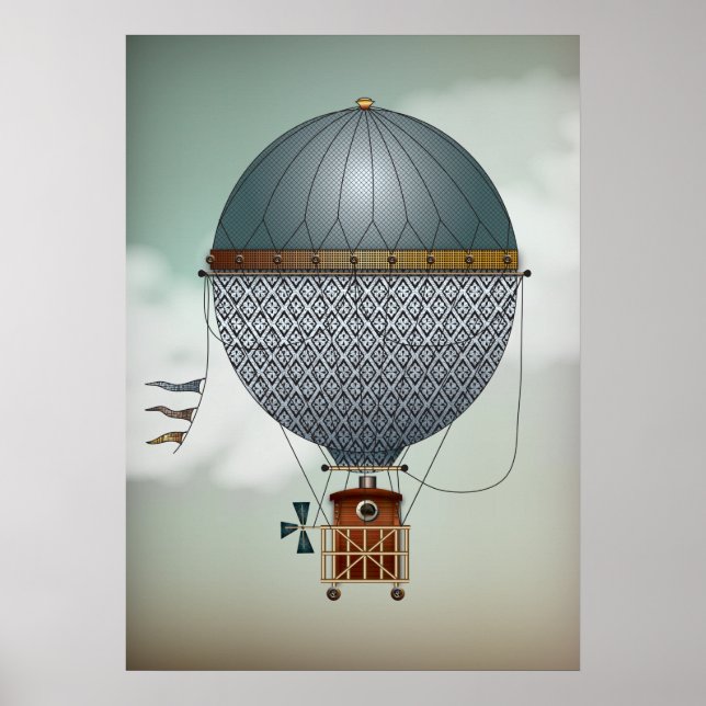 Hot Air Balloon Airship Indigon | Steampunk Travel Poster (Front)