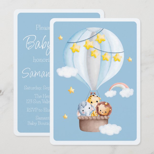 Hot Air Balloon Animals Baby Boy Baby Shower Invitation (Front/Back)