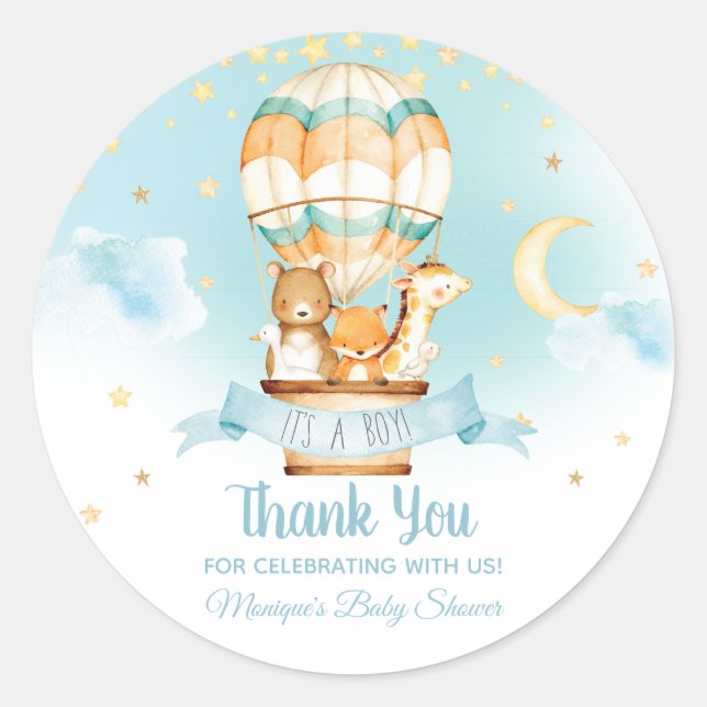Hot Air Balloon Animals Baby Shower Baby Boy Favou Classic Round Sticker (Front)