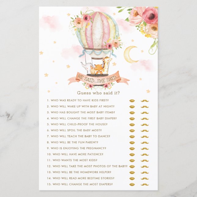 Hot Air Balloon Animals He Said She Said Baby Game (Front)