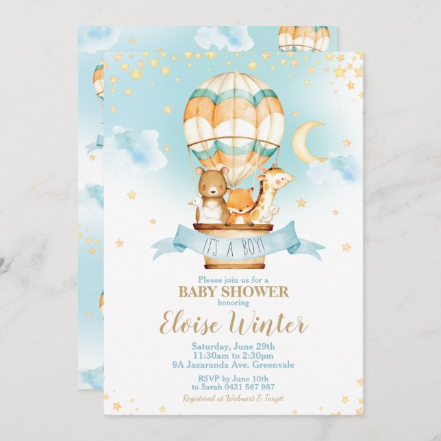 Hot Air Balloon Baby Boy Shower Jungle Animals Invitation (Front/Back)