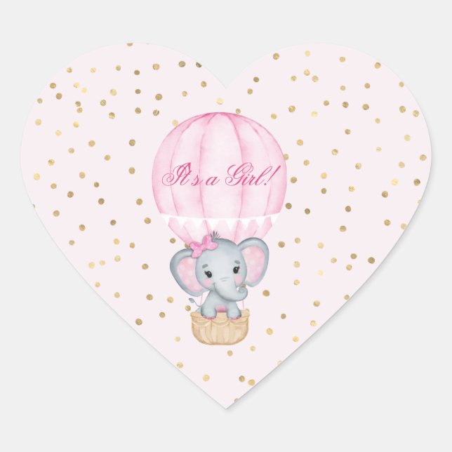 Hot Air Balloon Baby Girl Elephant Baby Shower  Heart Sticker (Front)