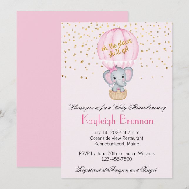 Hot Air Balloon Baby Girl Elephant Baby Shower Invitation (Front/Back)