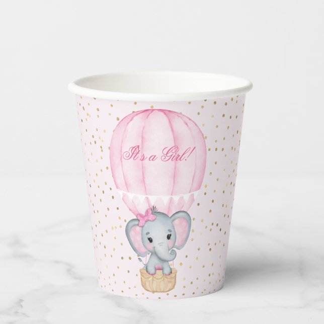 Hot Air Balloon Baby Girl Elephant Baby Shower  Paper Cups (Front)