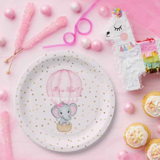 Hot Air Balloon Baby Girl Elephant Baby Shower  Paper Plate (Party)