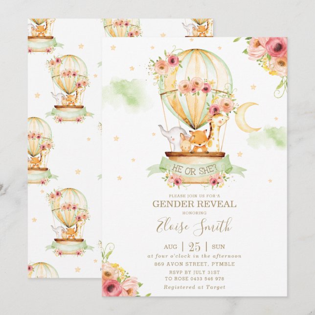 Hot Air Balloon Baby Shower Animals Gender Reveal Invitation (Front/Back)