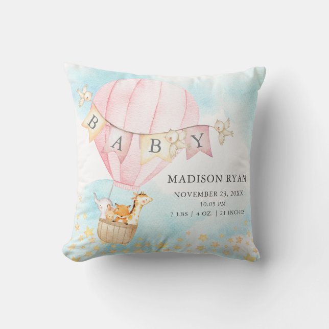 Hot Air Balloon Baby Shower Birth Birth Stats Cushion (Front)