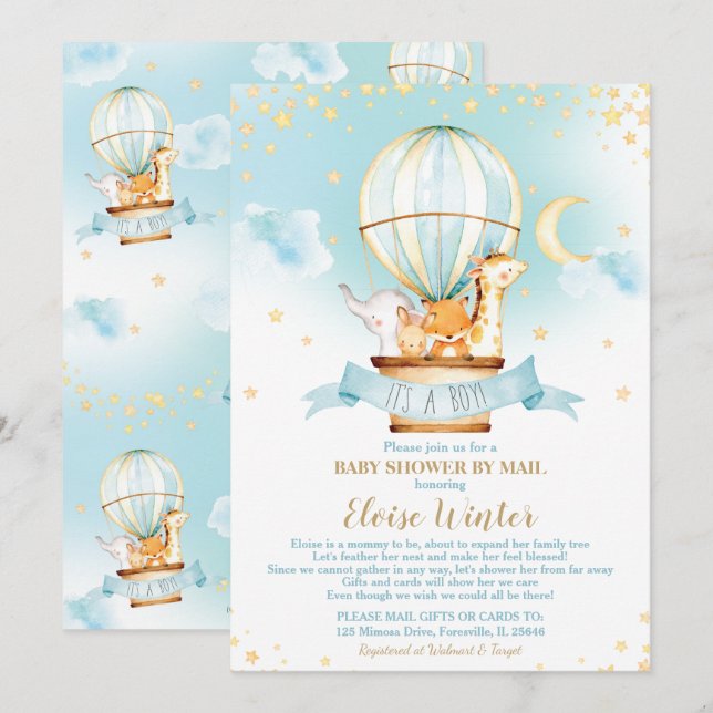 Hot Air Balloon Baby Shower by Mail Jungle Animal Invitation (Front/Back)