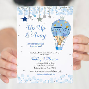 Hot Air Balloon Baby Shower Glitter Blue Star Invitation