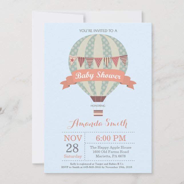 Hot Air Balloon Baby Shower Invitation Blue (Front)