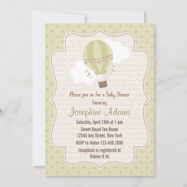 Hot Air Balloon Baby Shower Invitation Green (Front)